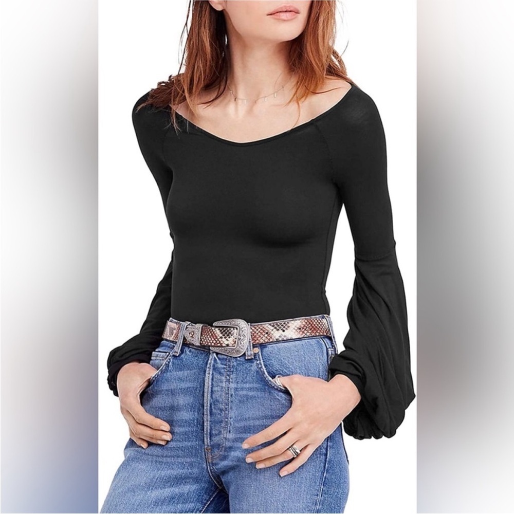 Free People To The Tropics‎ Bell Sleeves Top Black Large - Picture 11 of 11
